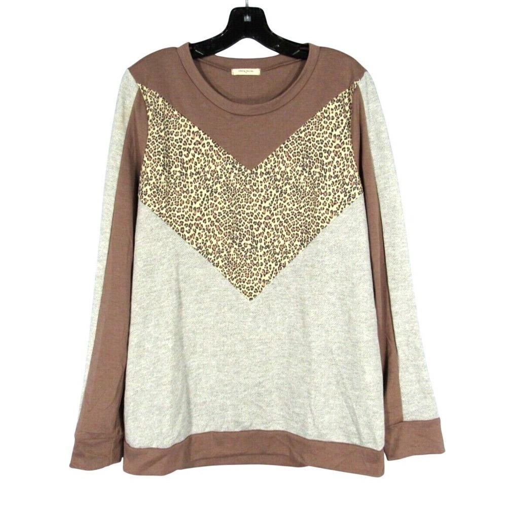 12PM Mon Ami GRAY/BROWN Leopard Print KNIT COLORBLOCK CHEVRON T-Shirt Top SZ L